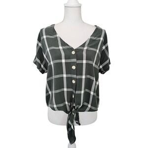 Universal Thread Tie Knot Front Button-down Crop Plaid Green White Size Medium